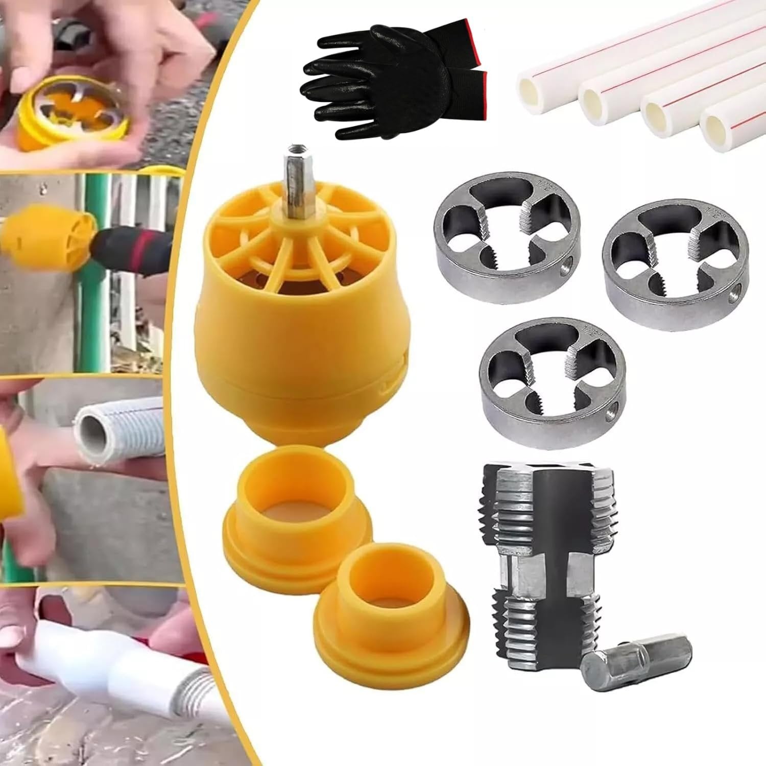 Electric Drill Compatible PVC Pipe Threader Kit with Various Die Sizes ( 1/2", 3/4", 1" for Cutting & Pipe Threader)