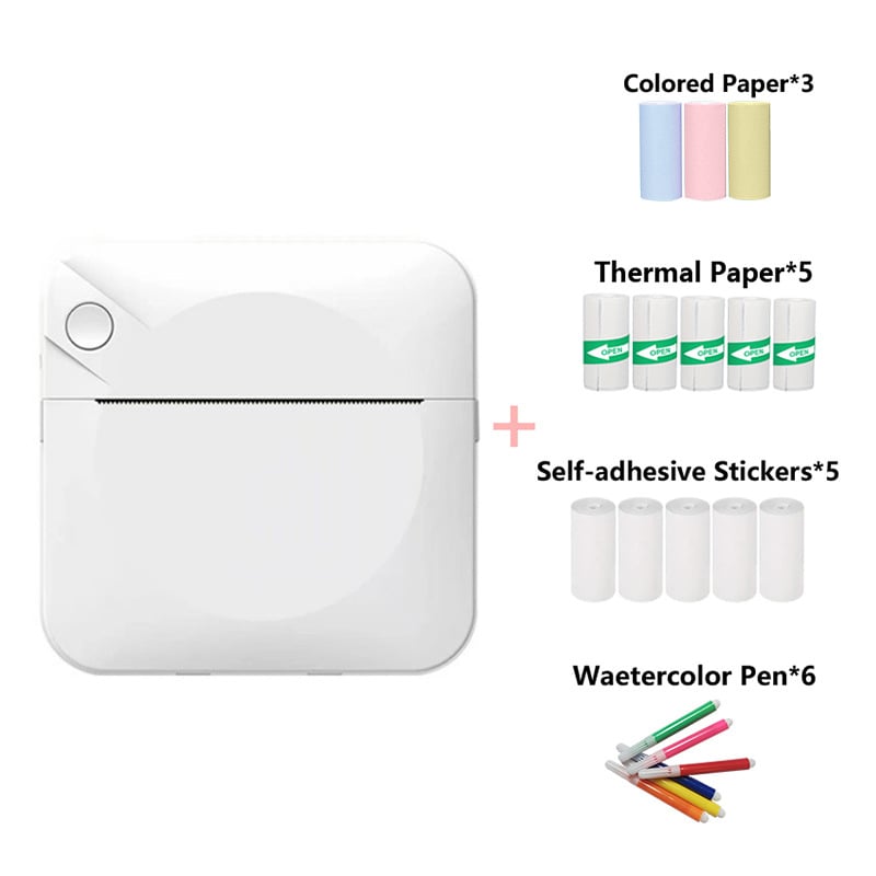 🔥New Year's Discounts: 50% OFF🌈Portable Mini Printer, With 5 thermal papers + 5 self-adhesive papers + 3 colored papers + colored pens